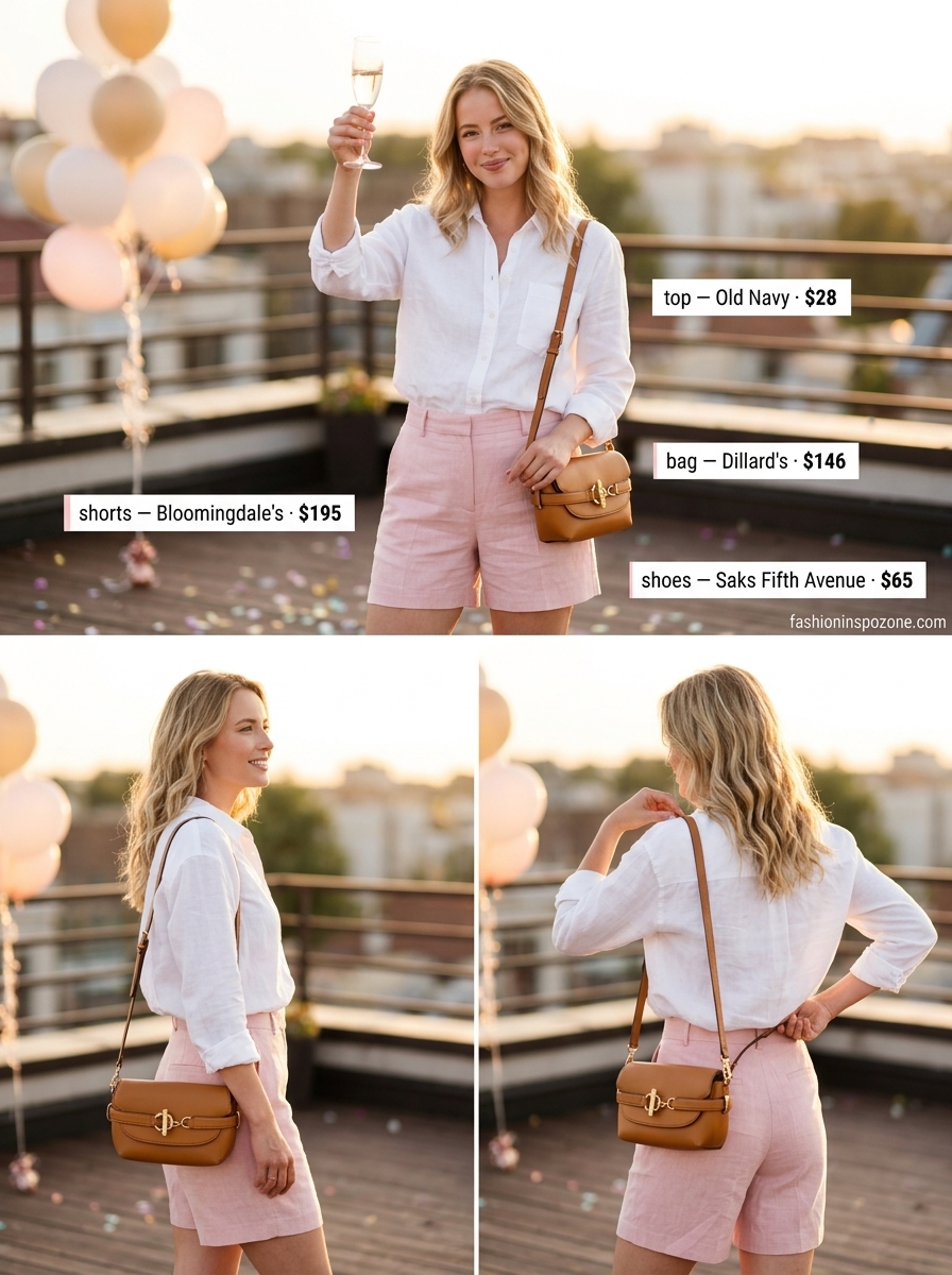 Linen shorts & button-down: a polished summer birthday party outfit for women 2026. Brunch outfit style.