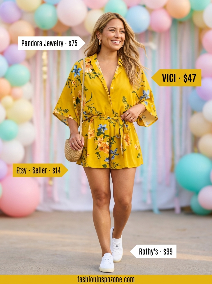 Yellow floral romper outfit for a summer birthday party for women 2026. Playful, energetic look with straw bag and sneakers.