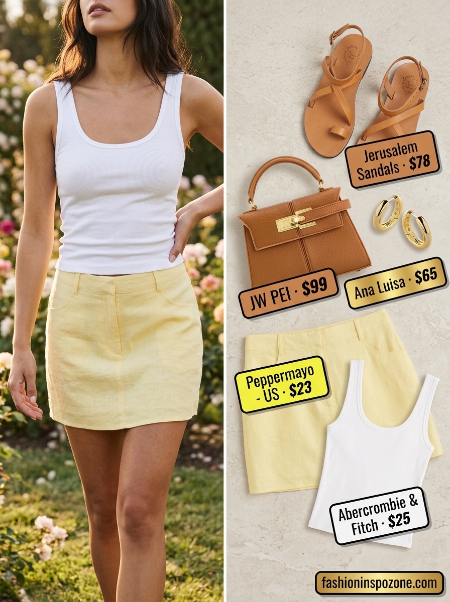 Yellow linen skirt outfit for a summer birthday party for women 2026. Romantic, feminine look with white tank and tan sandals.