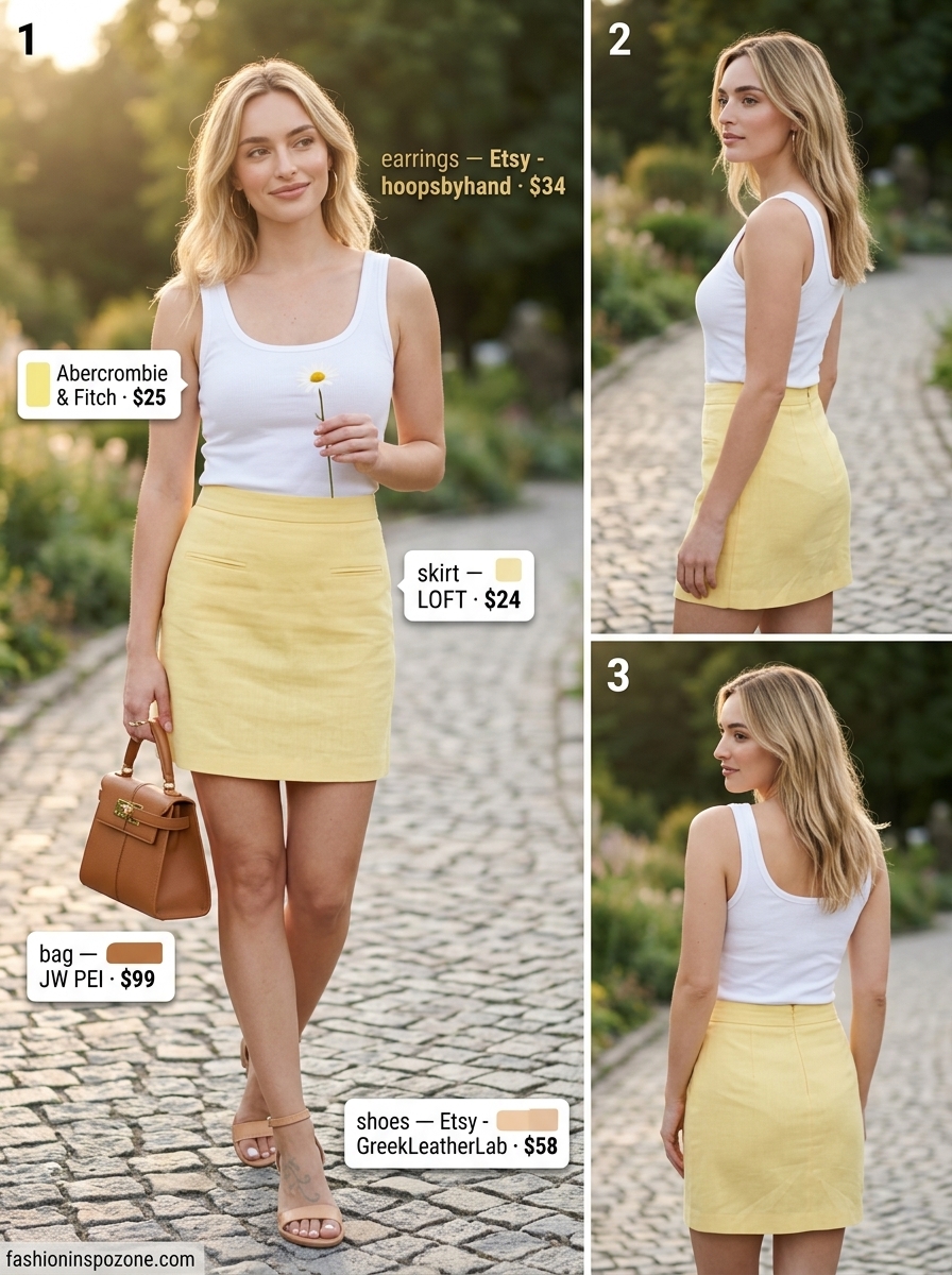 Yellow linen skirt outfit for a summer birthday party for women 2026. Romantic, feminine look with white tank and cognac bag.