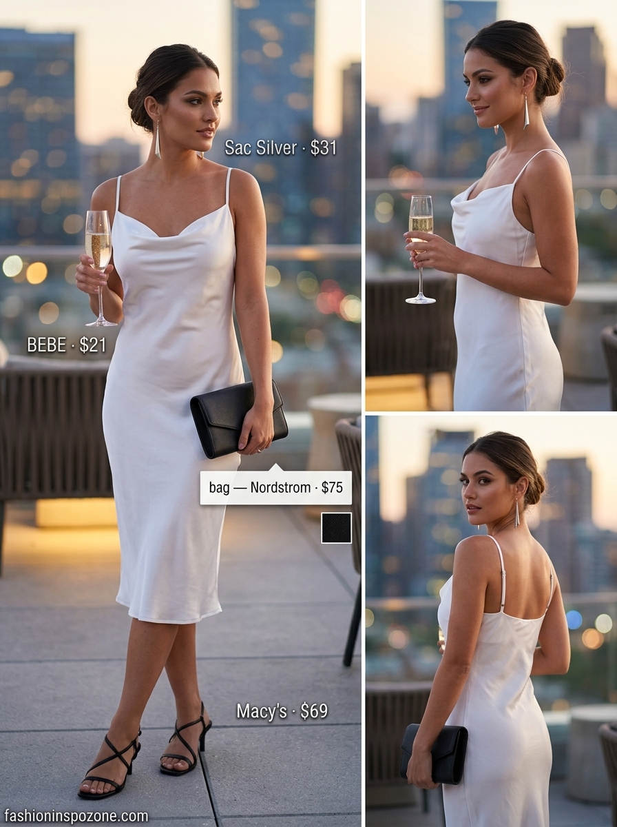 Cream satin slip dress for a summer birthday party outfit for women 2026. Minimalist style with black sandals and silver earrings.