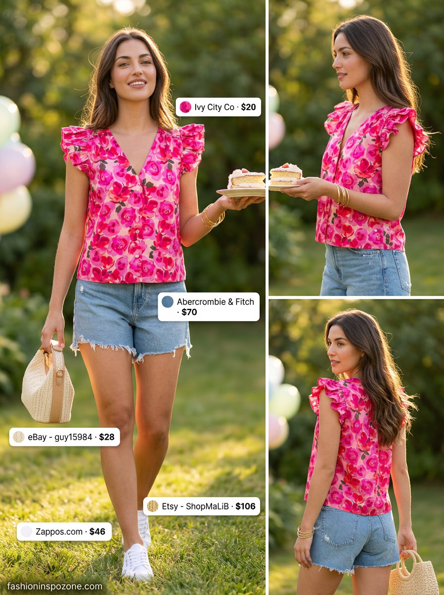 Fuchsia pink floral blouse for a summer birthday party outfit for women 2026. Casual daytime look with denim shorts and straw bag.