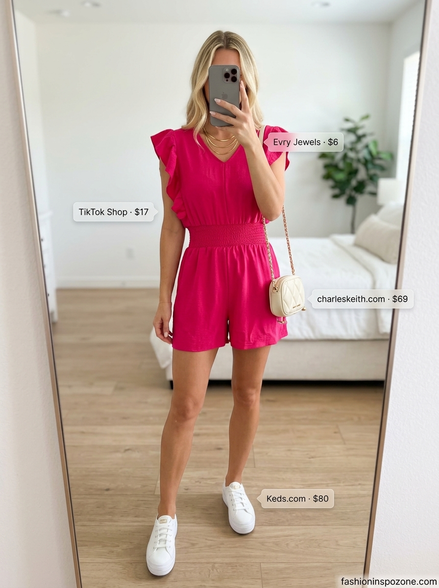 Fuchsia pink romper for a summer birthday party outfit for women 2026. Fun daytime look with white sneakers and layered necklaces.