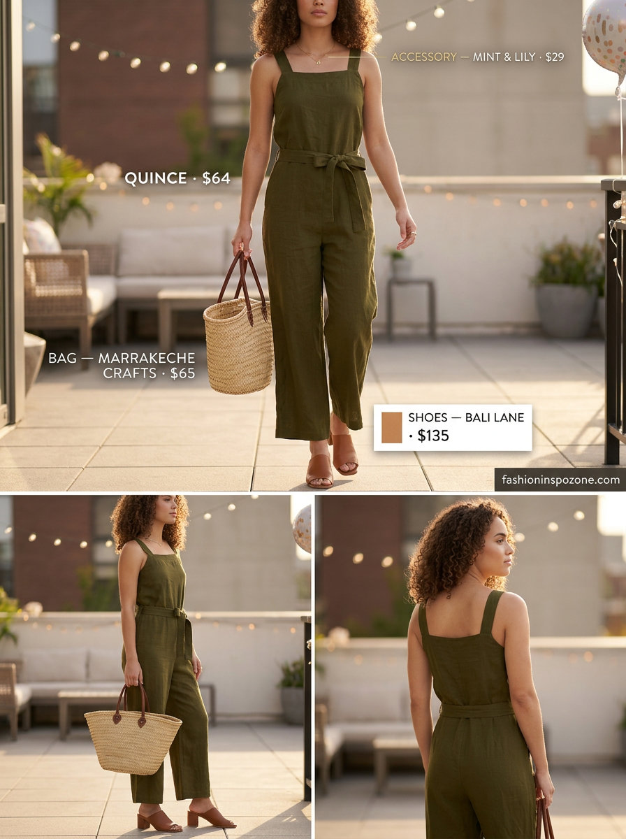 Olive green linen jumpsuit for a summer birthday party outfit for women 2026. Relaxed chic style with straw tote and tan mules.