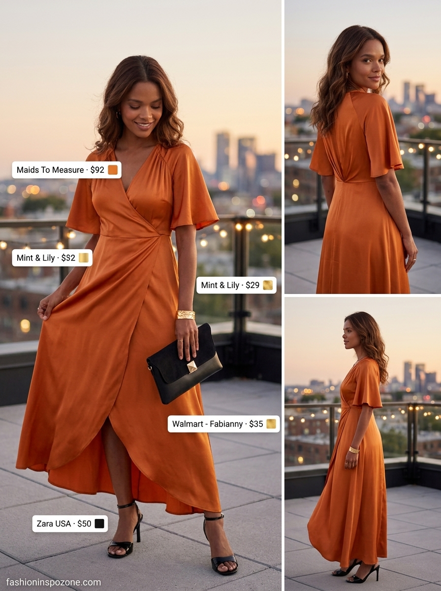 Mango orange wrap dress for a summer birthday party outfit for women 2026. Vibrant look for rooftop dinners with black sandals.