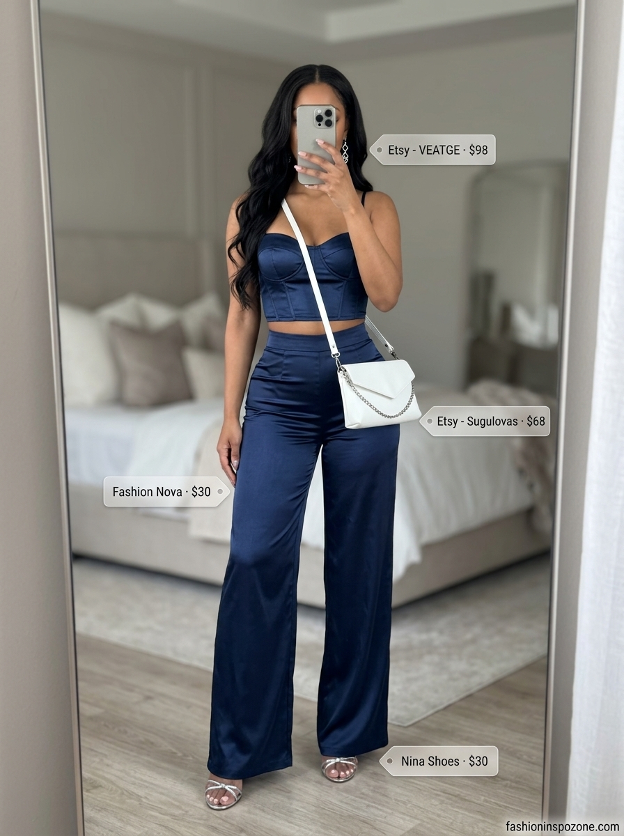 Navy blue matching set for a summer birthday party outfit for women 2026. Chic look with wide-leg trousers and silver sandals.