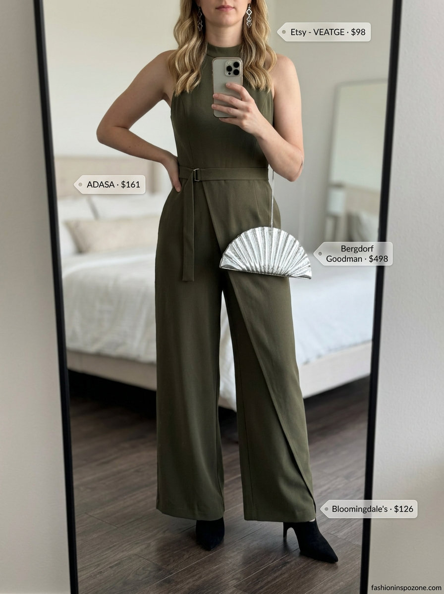 Olive green jumpsuit for a summer birthday party outfit for women 2026. Chic evening look with silver earrings and black mules.