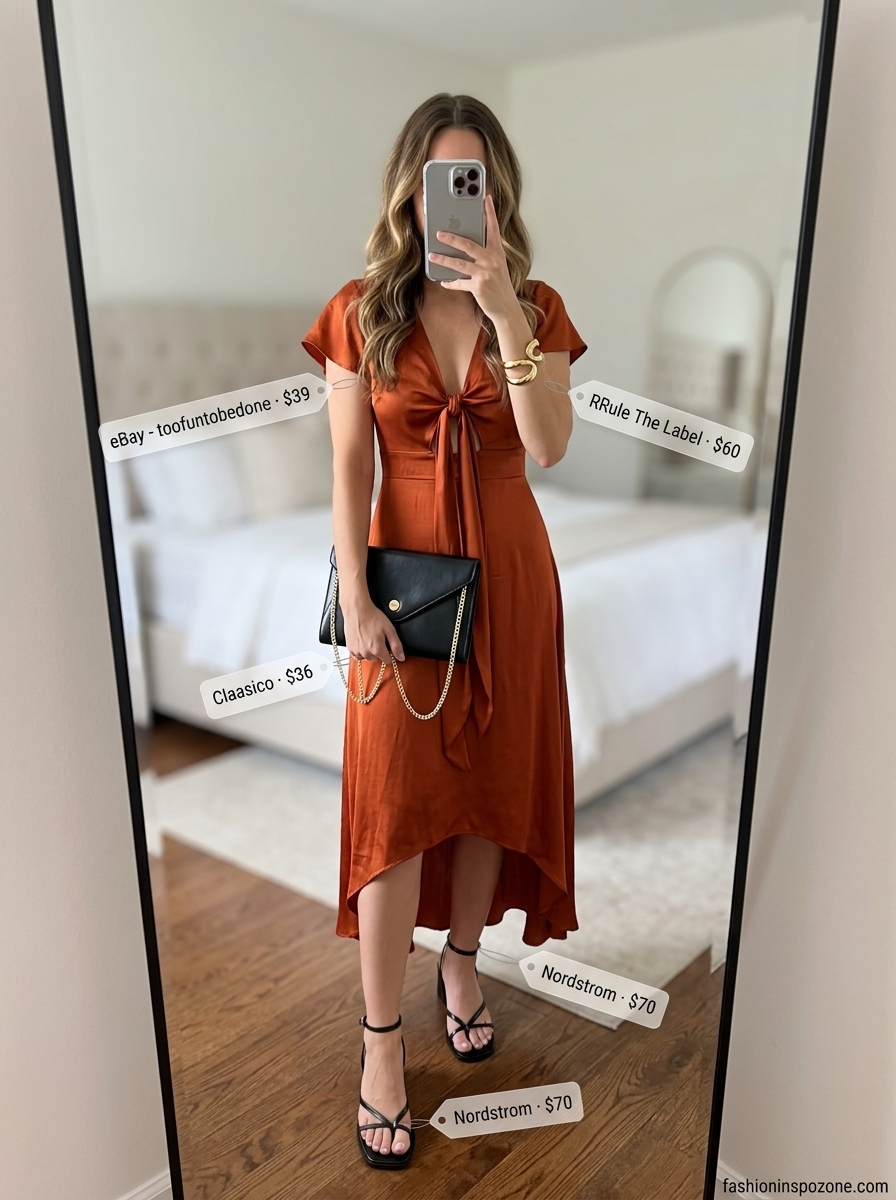 Mango orange midi dress for a summer birthday party outfit for women 2026. Chic evening look with black sandals and gold bracelet.