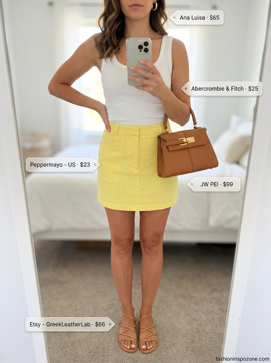 Lemon yellow mini skirt for a summer birthday party outfit for women 2026. Playful garden party look with white tank and gold earrings.