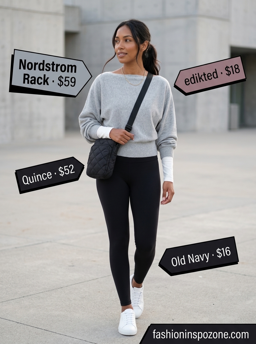 Comfortable grey and black summer boat neck sweatshirt outfit for women 2026, great for travel and athleisure.