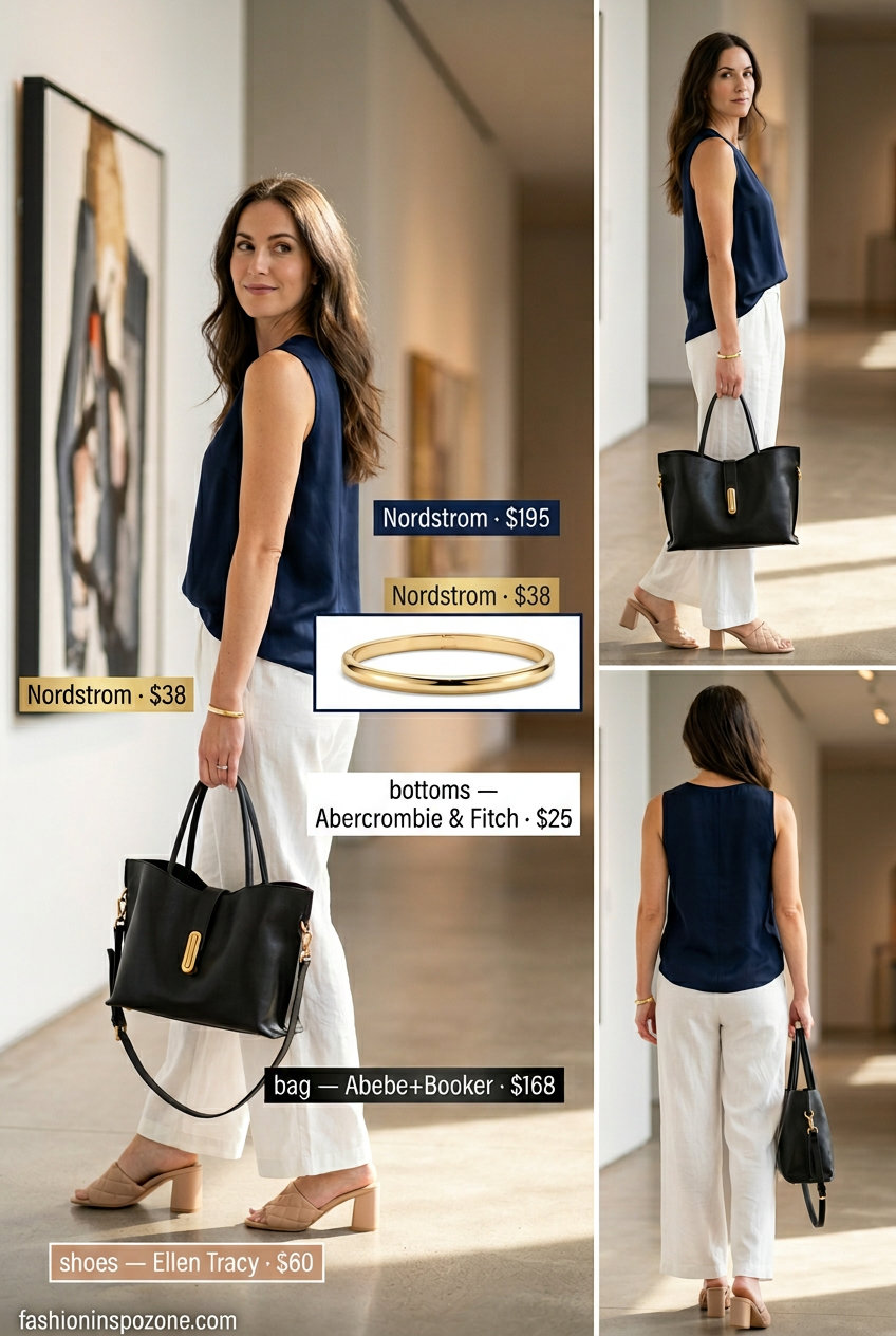 Sophisticated navy and white summer boat neck outfit for women 2026, perfect for office wear and business meetings.