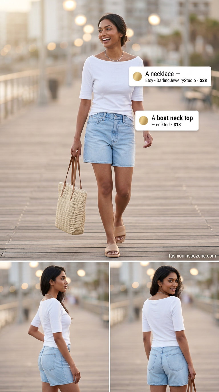 Relaxed cream and denim summer boat neck outfit for women 2026, great for casual days and beach towns.