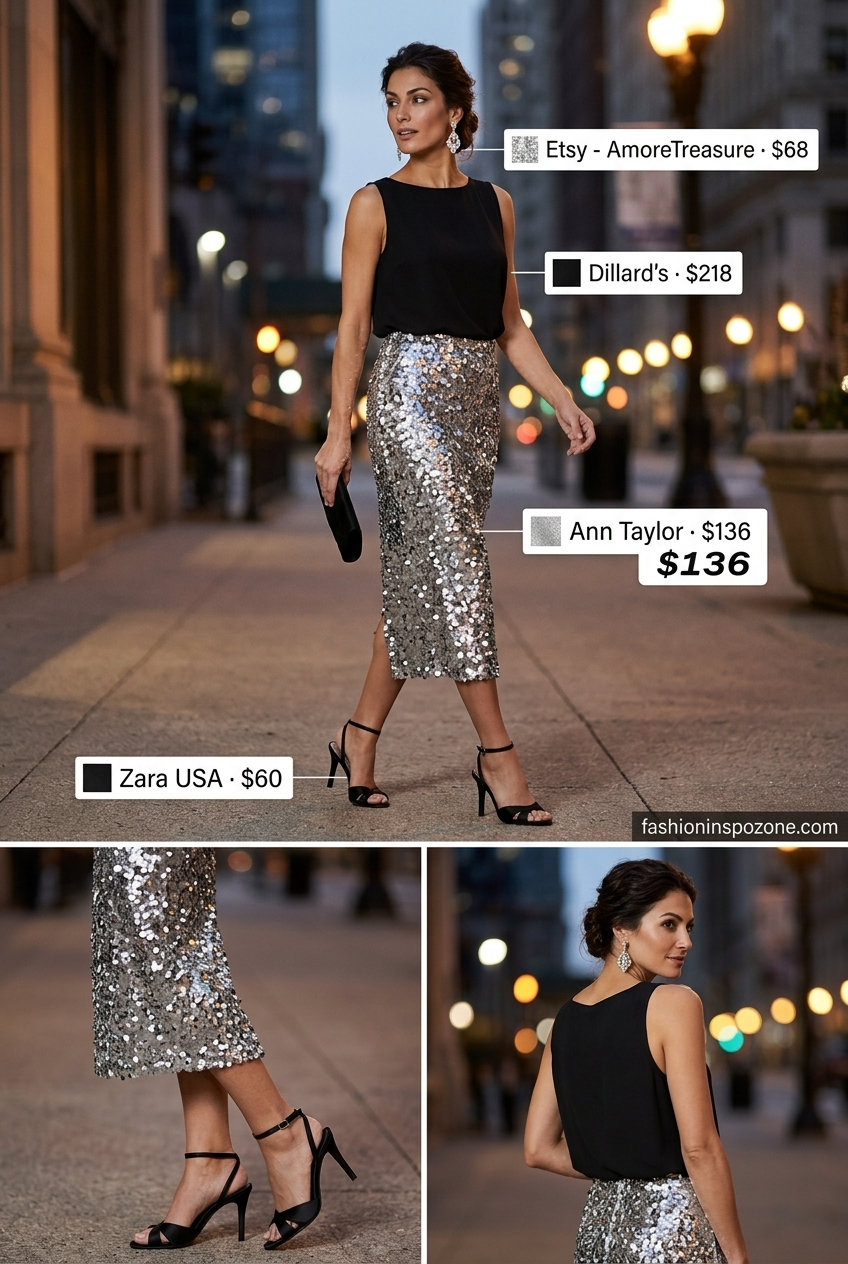 Glamorous black and silver summer boat neck outfit for women 2026, ideal for cocktail parties and date nights.