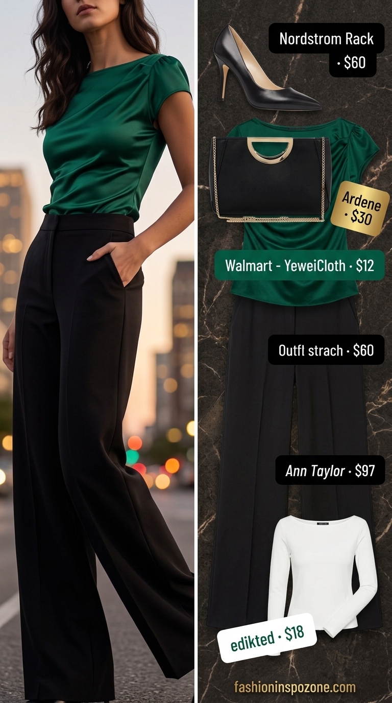 Elegant summer boat neck outfits for women 2026: Emerald green satin blouse, wide-leg trousers for evening events.