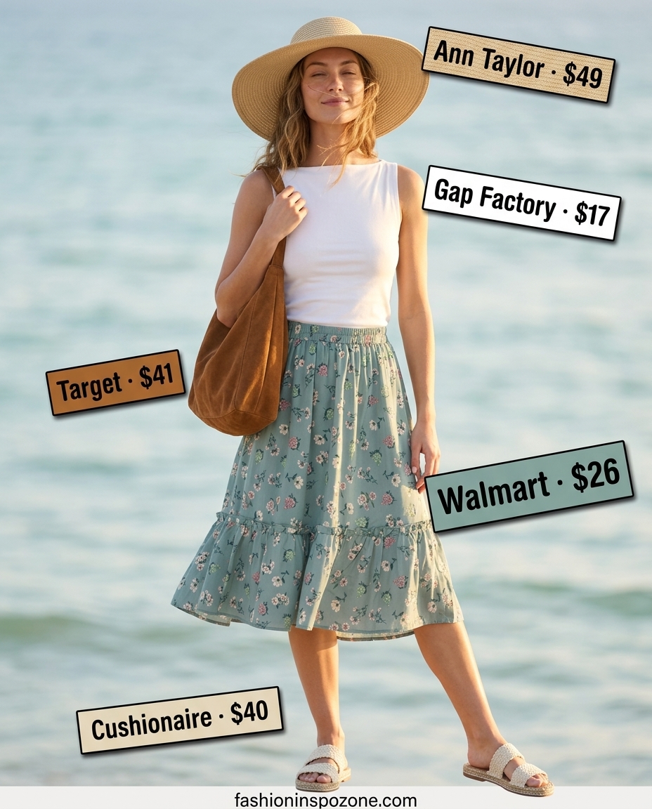 Boho beach summer boat neck outfits for women 2026: White fitted boat neck top, floral midi skirt, espadrilles for festivals.