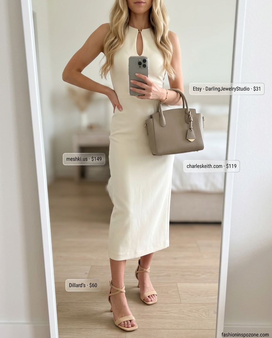 Elegant summer boat neck outfits for women 2026: Ivory midi dress, heeled sandals for wedding guests or date night.