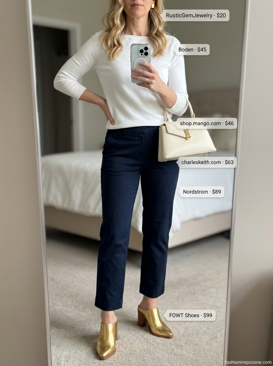 Navy capri pants and cream boat neck knit top outfit for women 2026. Chic evening look.