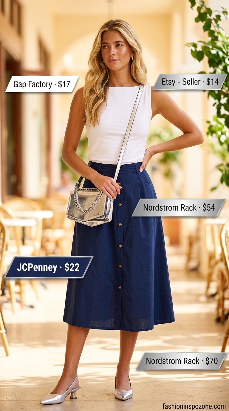 Navy midi skirt and white boat neck top outfit for women 2026. Sophisticated lunch date look.