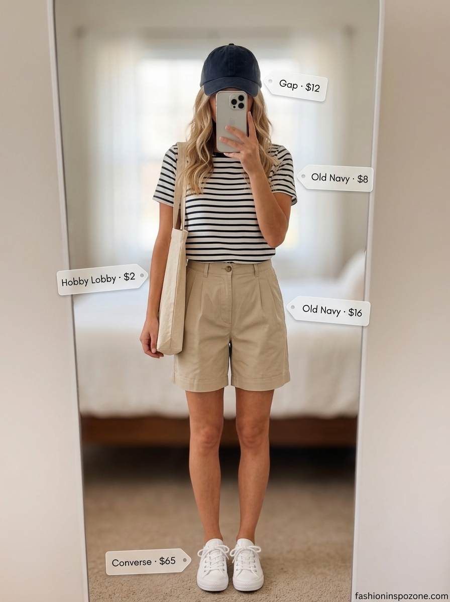 Navy striped boat neck t-shirt and khaki shorts outfit for women 2026. Casual weekend style.