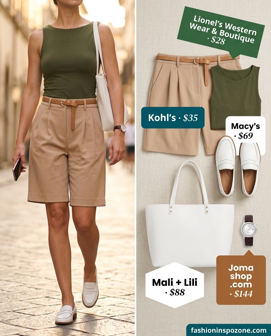 City chic summer boat neck outfits for women 2026: Olive green boat neck top, Bermuda shorts, loafers for business casual.