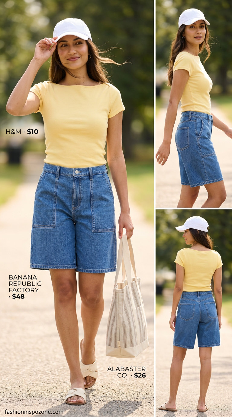 Playful yellow and denim summer boat neck outfit for women 2026, ideal for park picnics and casual outings.