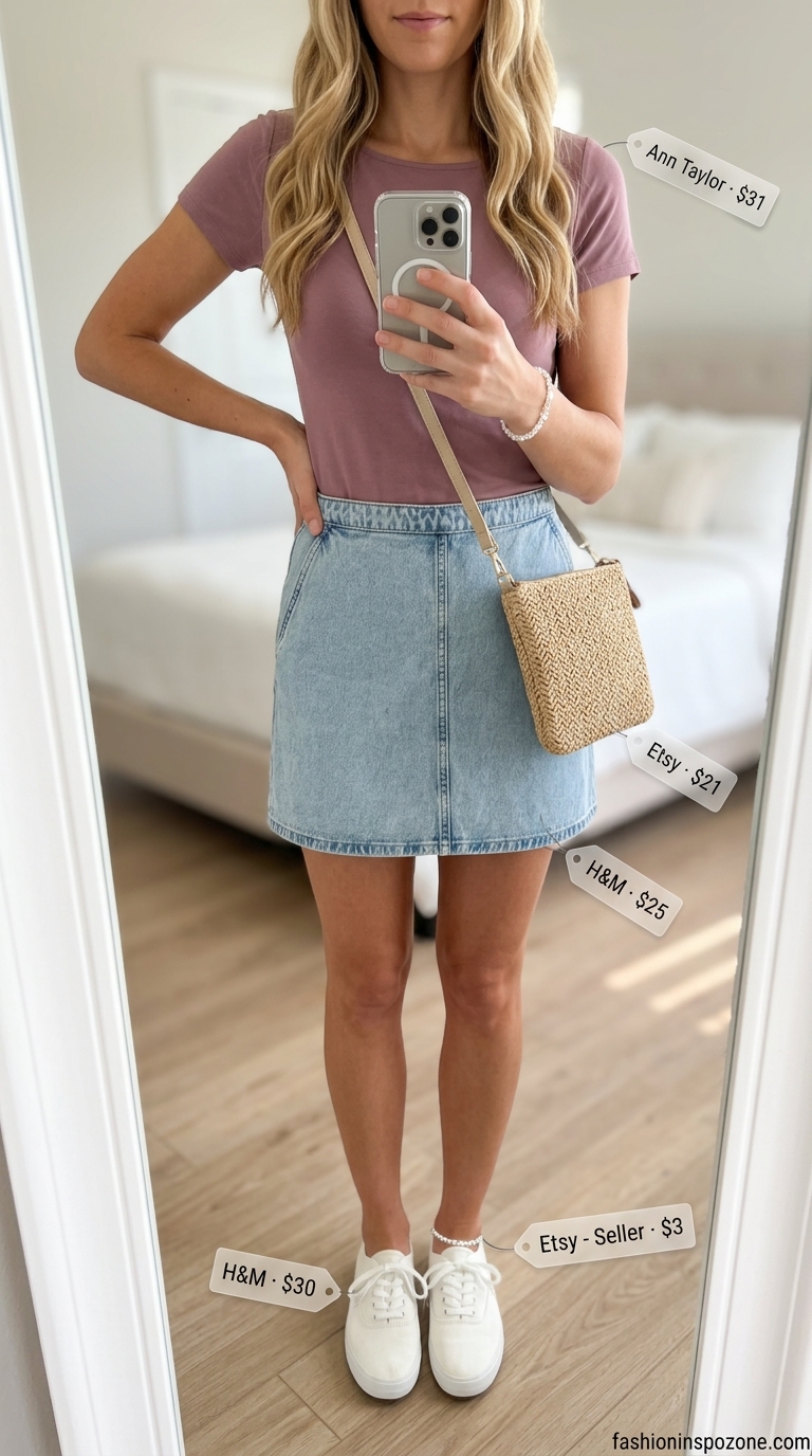 Blush pink boat neck t-shirt and denim mini skirt outfit for women 2026. Sweet picnic look.