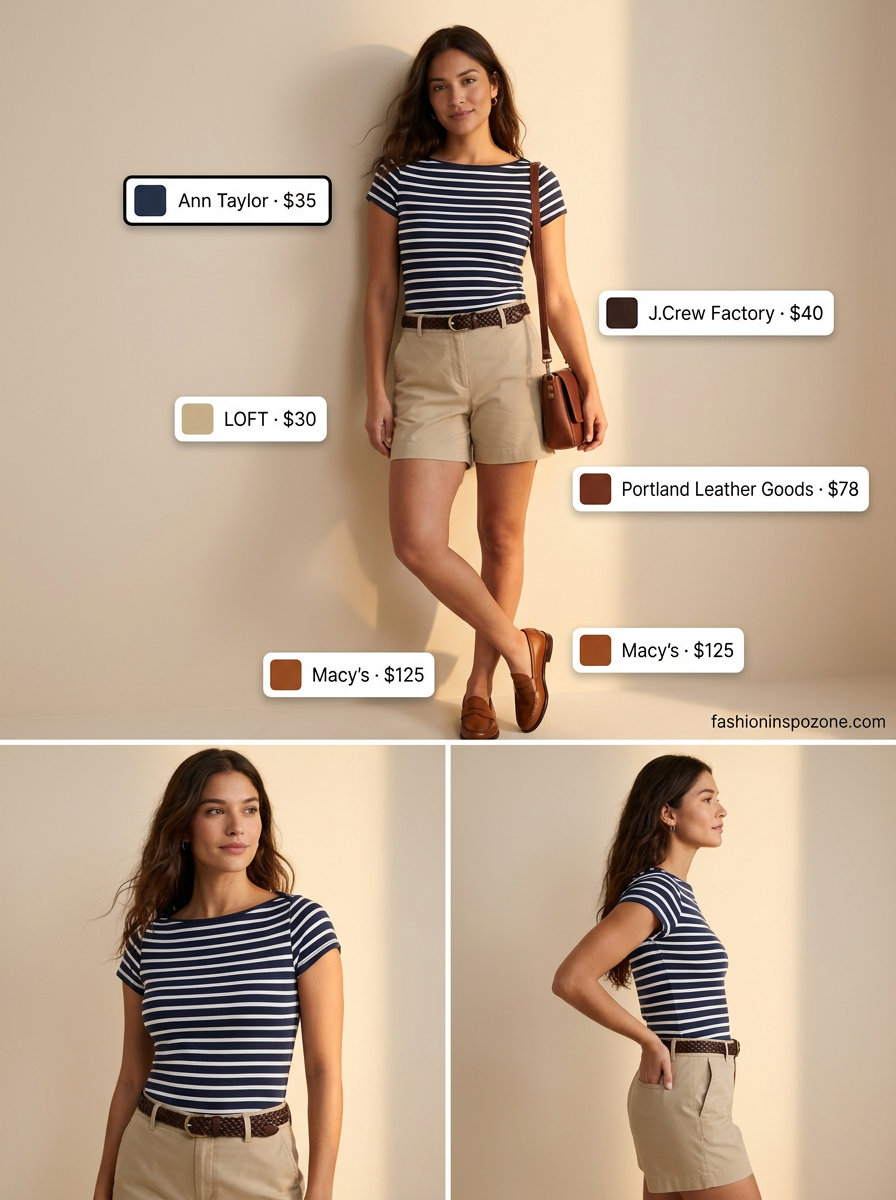 Preppy summer boat neck outfits for women 2026: Navy & white striped tee, khaki shorts, loafers for a casual day out.