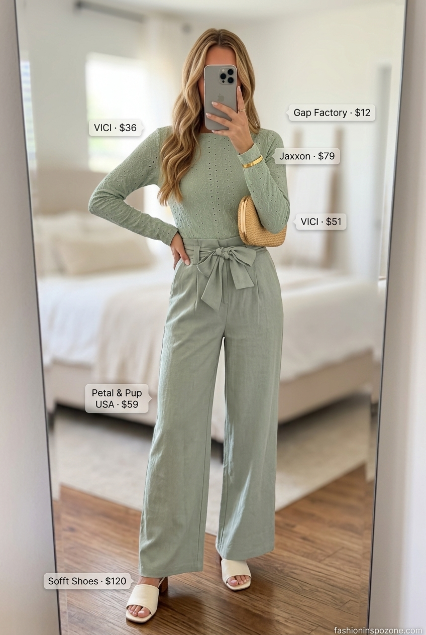 Sage green linen boat neck top and wide-leg pants outfit for women 2026. Elegant summer party look.