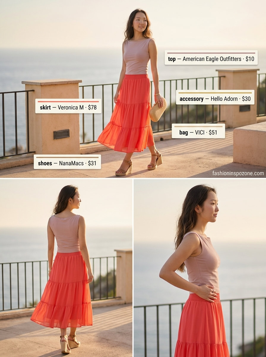 Elegant coral and off-white summer boat neck outfit for women 2026, perfect for sunset cruises and resort wear.