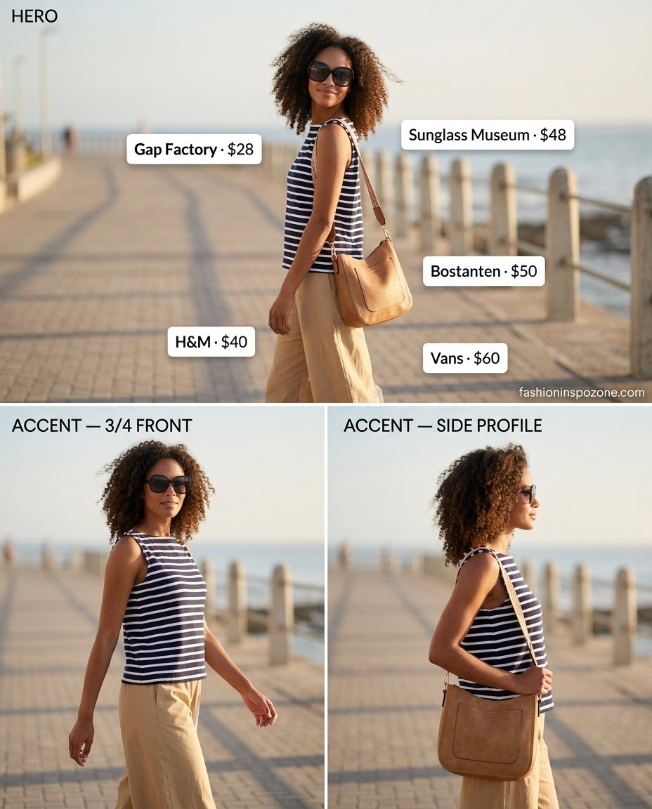 Comfortable navy and white striped summer boat neck outfit for women 2026, ideal for weekend getaways.