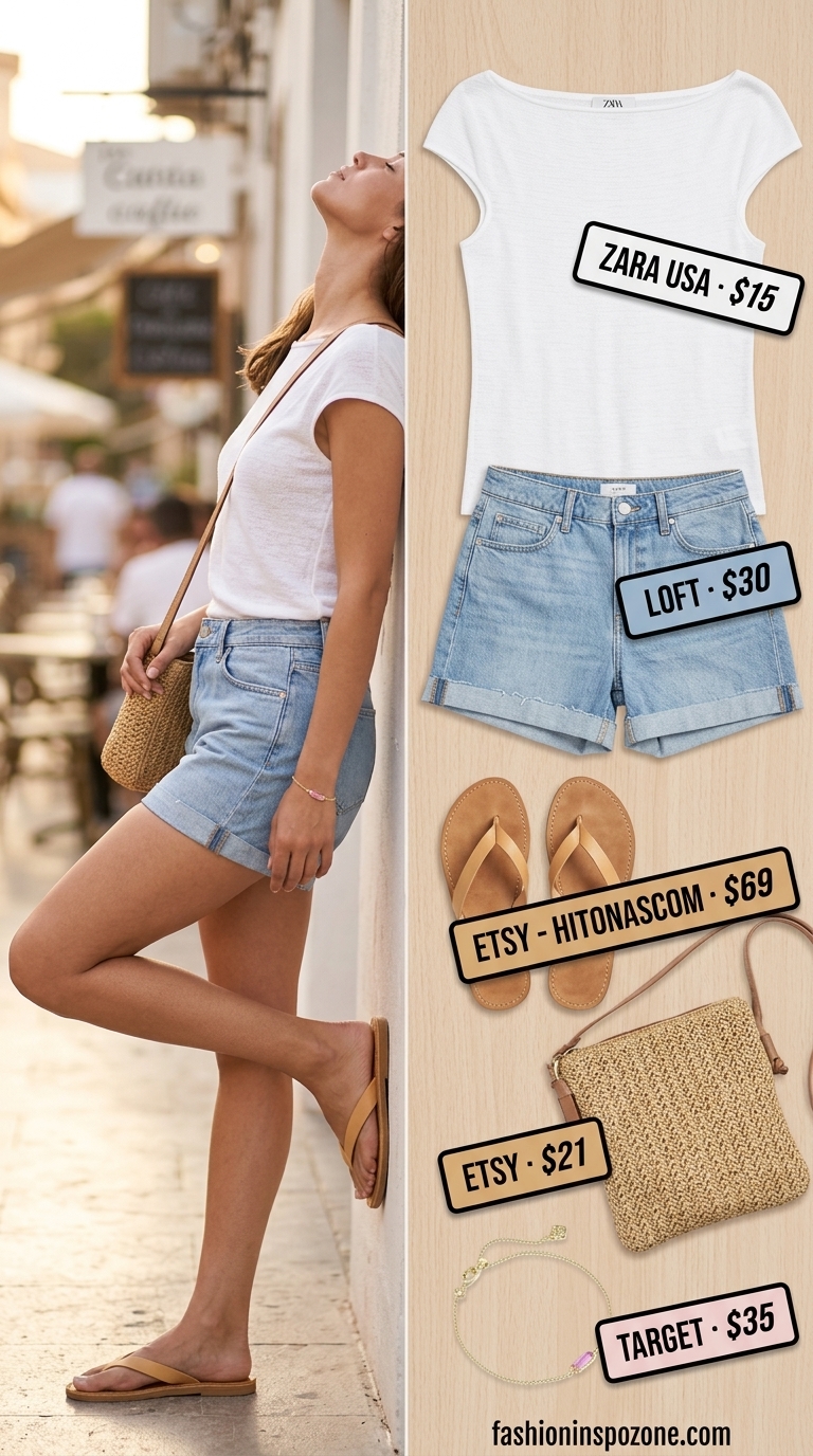 Seaside breeze summer boat neck outfits for women 2026: White boat neck top, denim shorts, straw bag for beachside cafes.