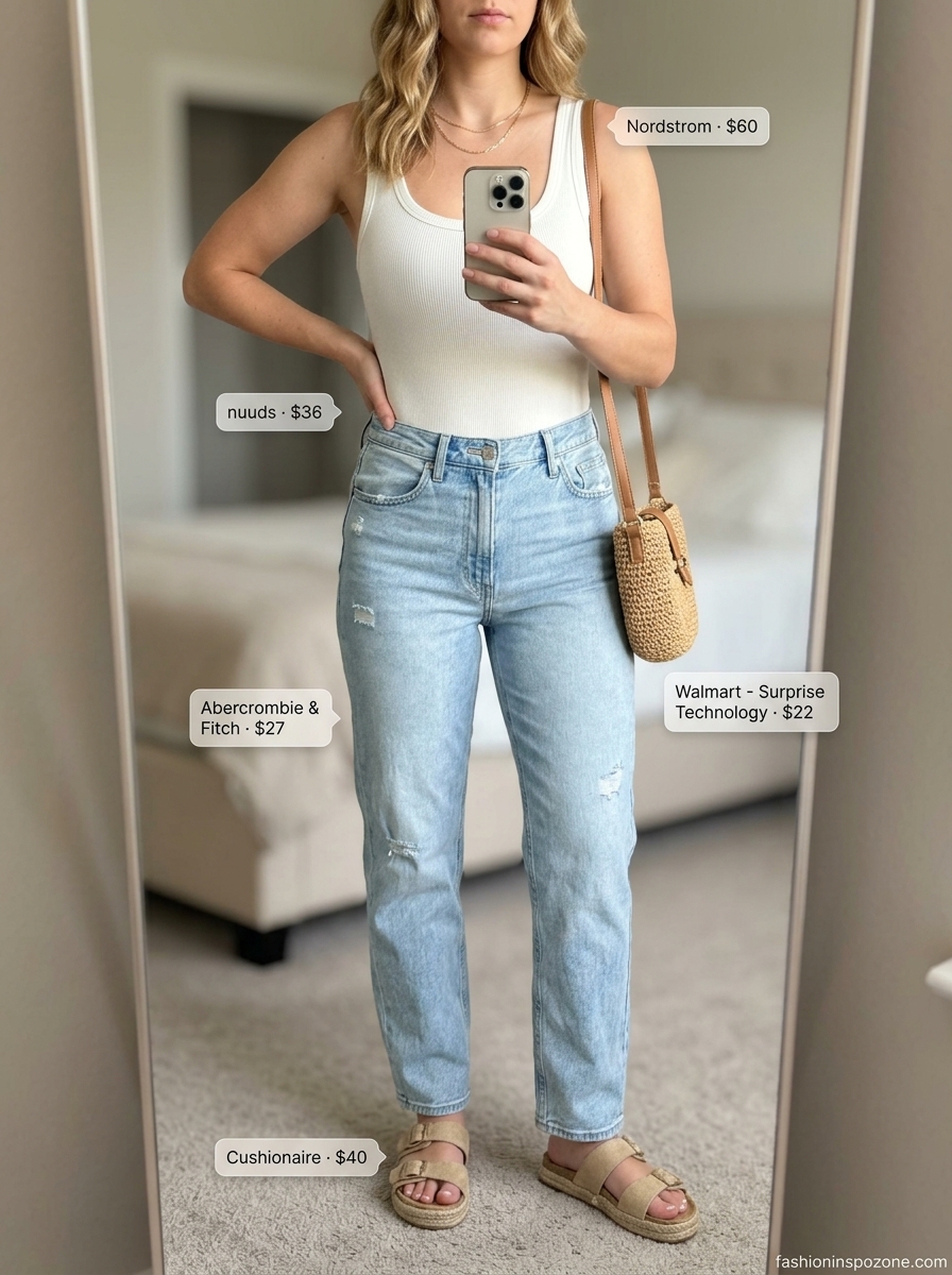 Coastal Breeze: Bodysuit & Jeans Outfits 2026 Effortless summer bodysuit with jeans outfits for women 2026: White bodysuit, light wash jeans, tan espadrilles, straw bag.