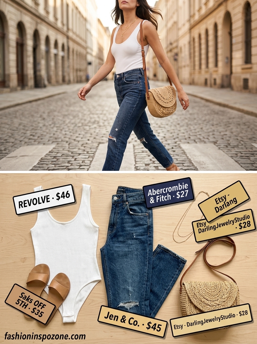Effortless Riviera: Bodysuit & Jeans Outfits 2026 Effortless summer bodysuit with jeans outfits for women 2026: White bodysuit, light wash jeans, tan sandals, straw bag.