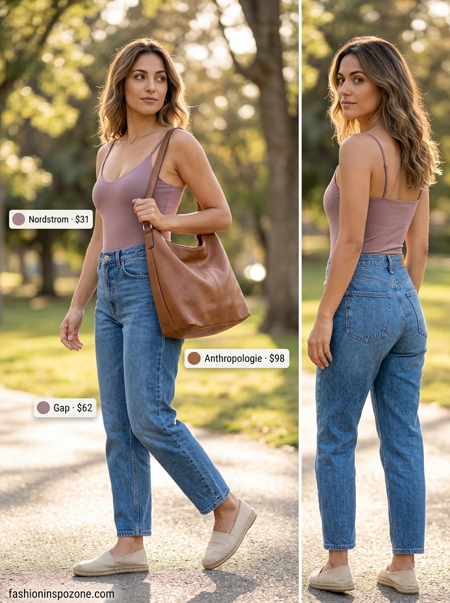 Lavender Haze: Bodysuit & Jeans Outfits 2026 Feminine summer bodysuit with jeans outfits for women 2026: Lavender bodysuit, barrel jeans, espadrille sandals, pearl earrings.