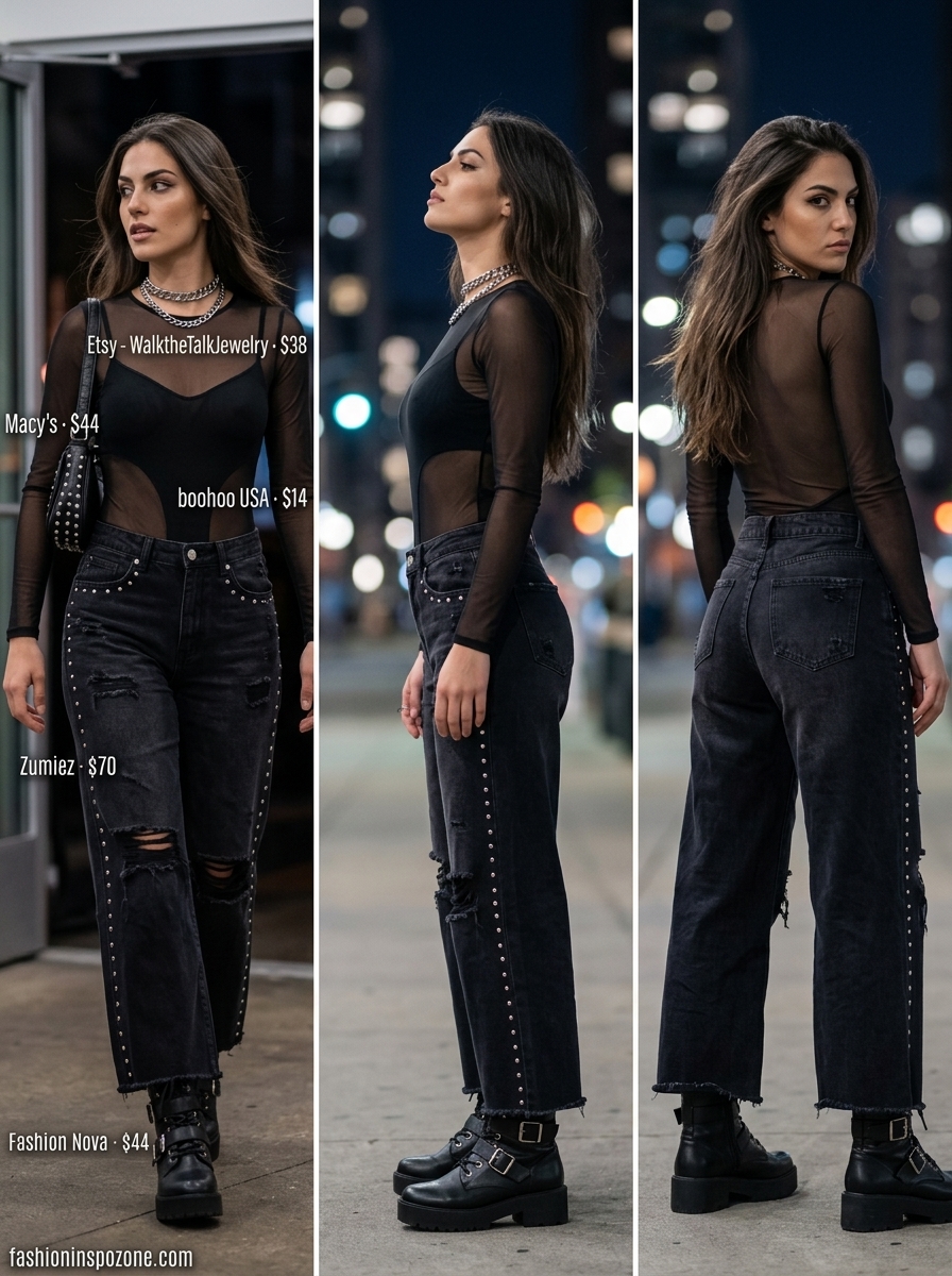 Midnight Edge: Bodysuit & Jeans Outfits 2026 Edgy summer bodysuit with jeans outfits for women 2026: Mesh bodysuit, baggy jeans, combat boots, silver choker.