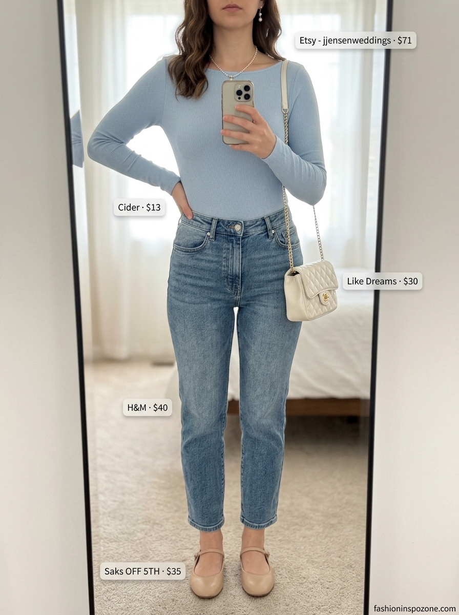 Parisian Summer Stroll: Bodysuit & Jeans Outfits 2026 Sophisticated summer bodysuit with jeans outfits for women 2026: Pastel blue bodysuit, white jeans, beige ballet flats, pearl jewelry.