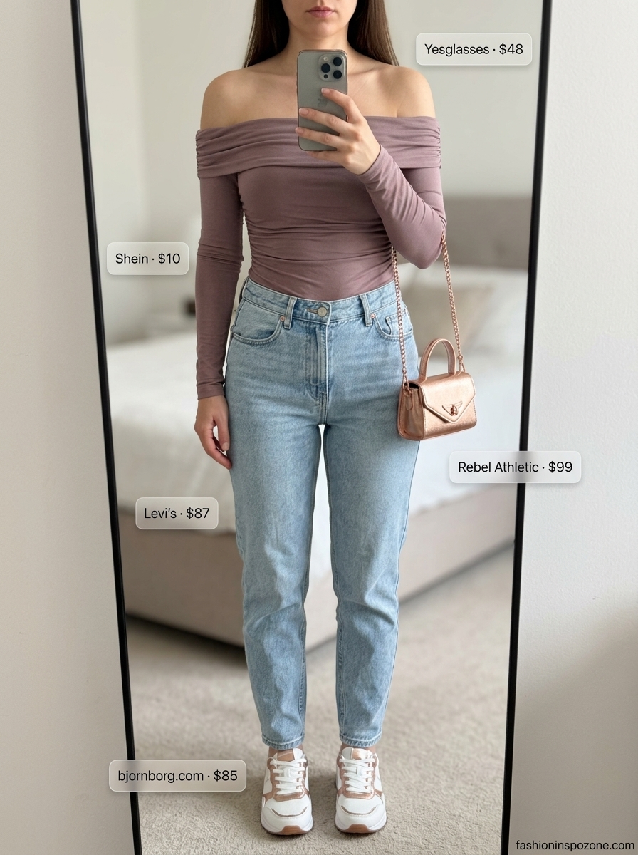 Retro Diner Date: Bodysuit & Jeans Outfits 2026 Playful summer bodysuit with jeans outfits for women 2026: Pink bodysuit, mom jeans, rose gold backpack, chunky sneakers.