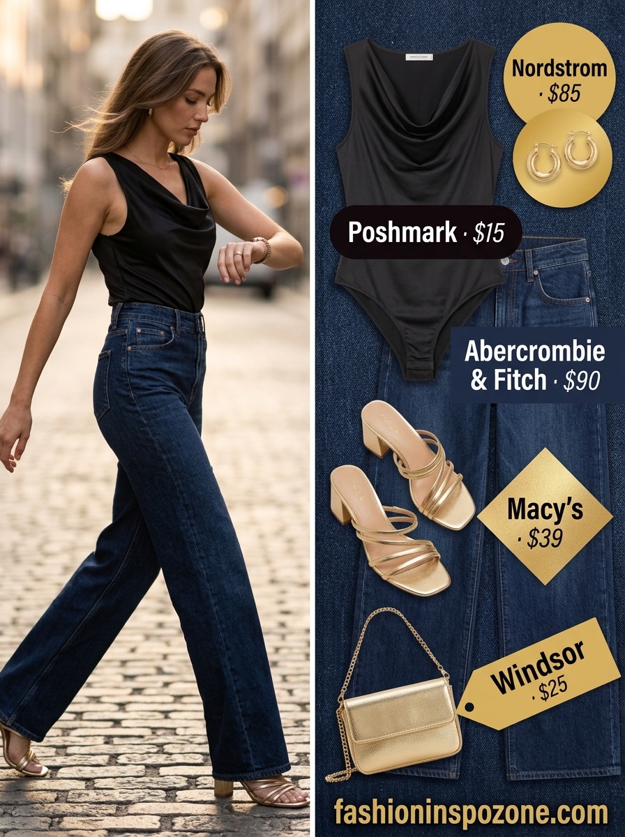 Summer Bodysuit with Jeans Outfits for Women 2026 | Date Night Style Elegant summer bodysuit with jeans outfit for women 2026: black satin bodysuit, dark indigo wide-leg jeans, gold hoops.