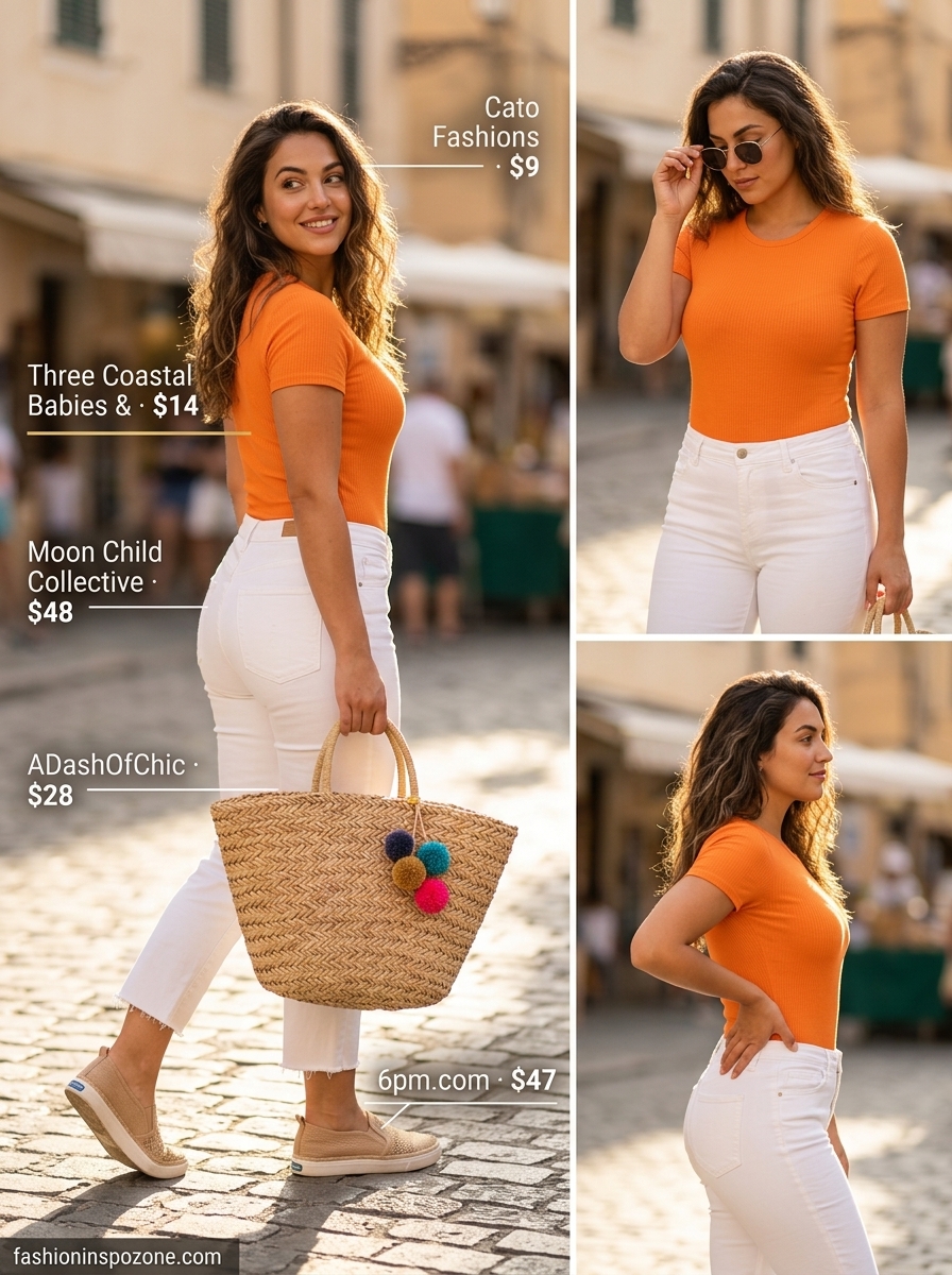 Vibrant summer bodysuit with jeans outfits for women 2026: Orange bodysuit, distressed jeans, espadrilles, straw bag.