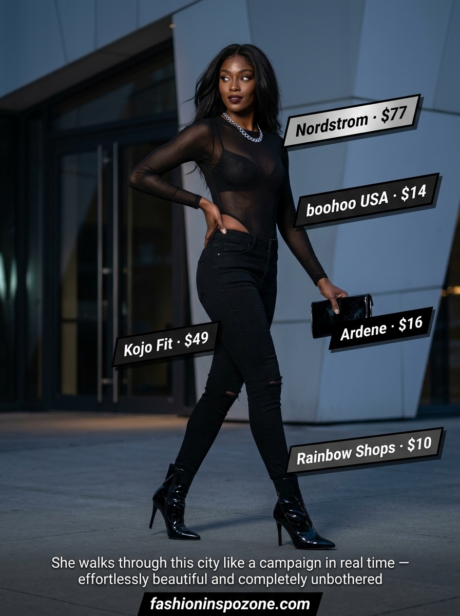 Edgy Summer Bodysuit & Jeans Outfits 2026 Black sheer mesh bodysuit with black skinny jeans, ankle boots, and silver chain for summer outfits 2026.