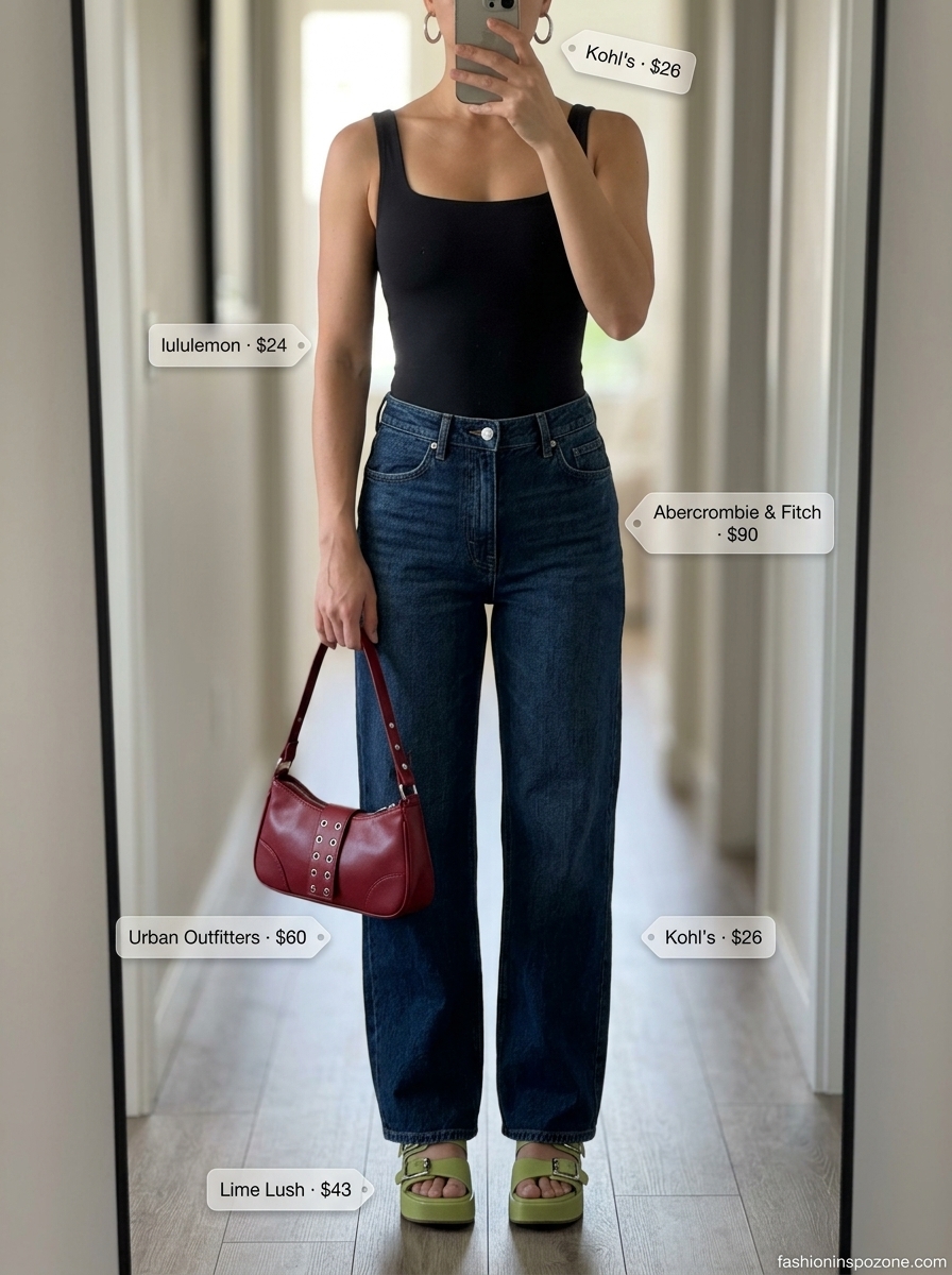 Urban Summer Bodysuit & Jeans Outfits 2026 Black square neck bodysuit with dark wash wide leg jeans, cherry red bag, and silver hoops for summer outfits 2026.
