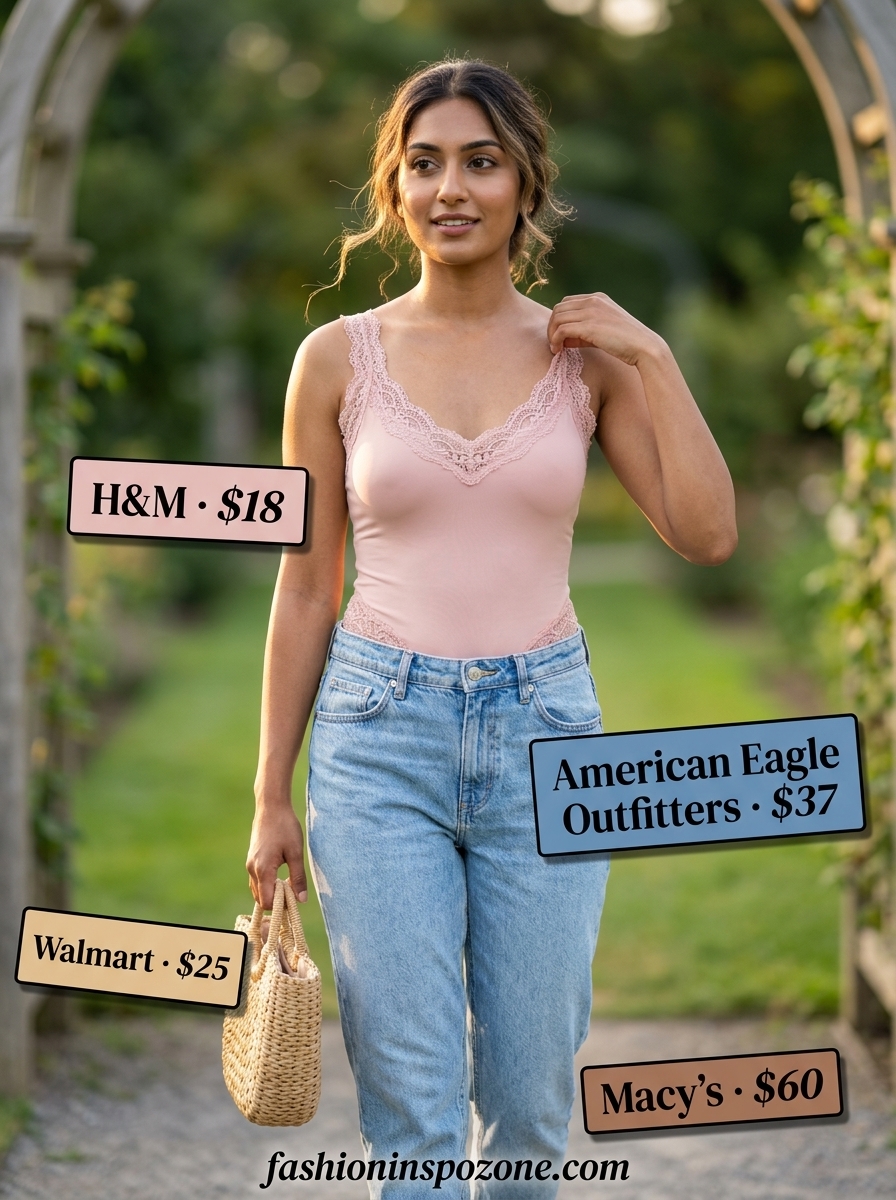 Garden Party Summer Bodysuit & Jeans Outfits 2026 Blush pink lace bodysuit with light wash mom jeans, straw tote, and floral scarf for summer outfits 2026.