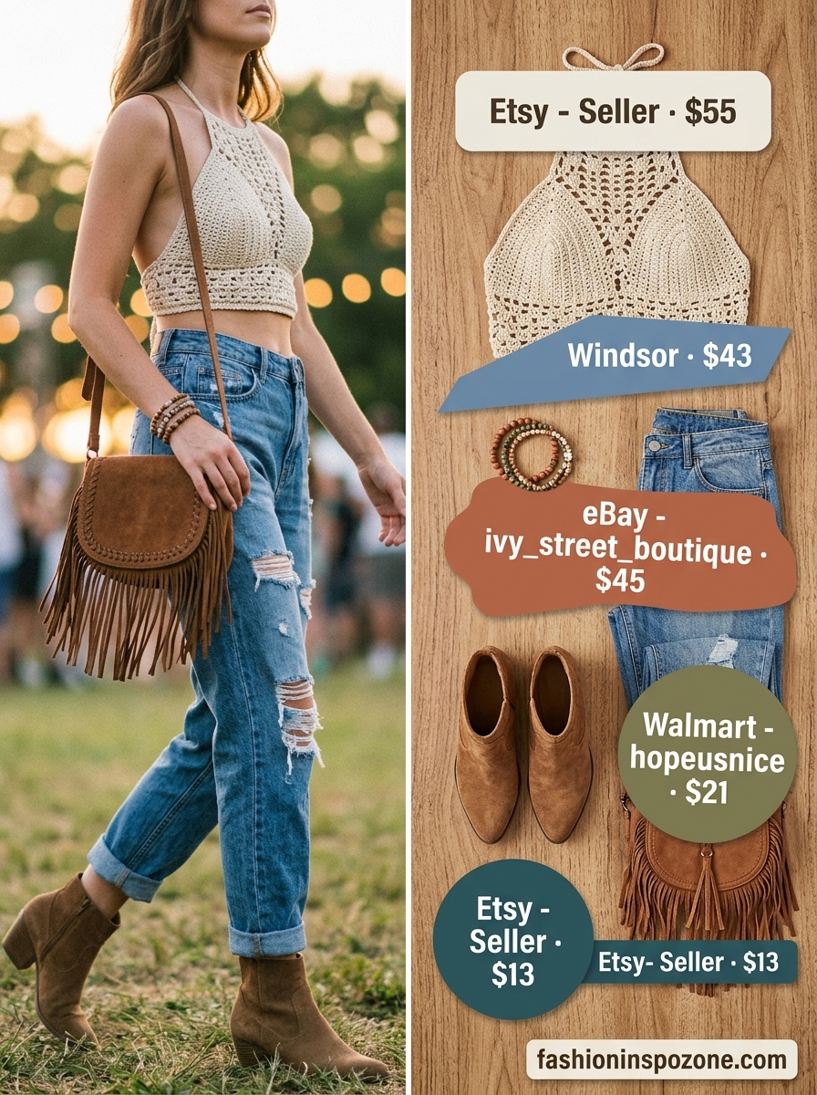 Festival Summer Bodysuit & Jeans Outfits 2026 Ecru crochet bodysuit with faded blue boyfriend jeans for a boho music festival summer outfit 2026.