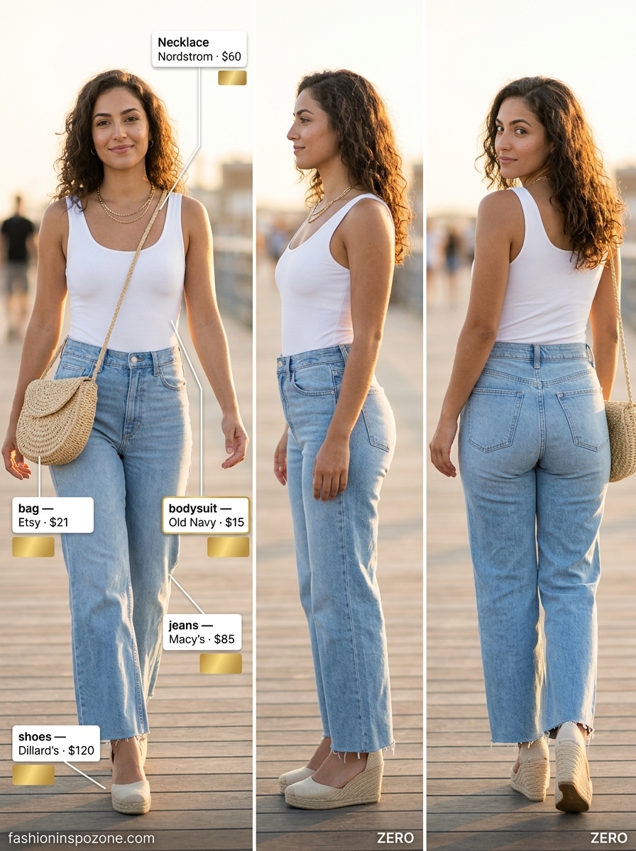Coastal Summer Bodysuit & Jeans Outfits 2026 White ribbed bodysuit with light blue wide-leg jeans for a fresh coastal summer brunch outfit 2026.
