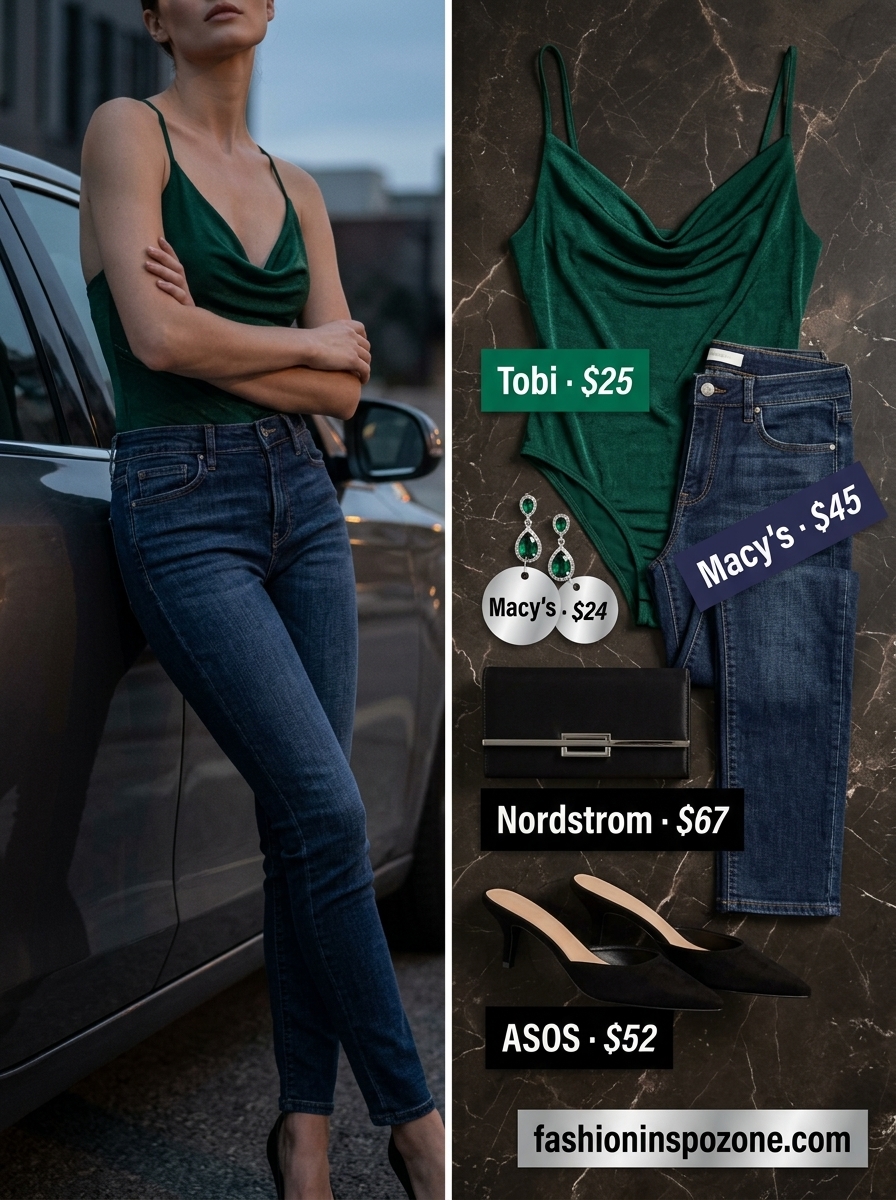 Evening Summer Bodysuit & Jeans Outfits 2026 Emerald green satin bodysuit with dark wash slim-fit jeans for a luxurious evening summer outfit 2026.
