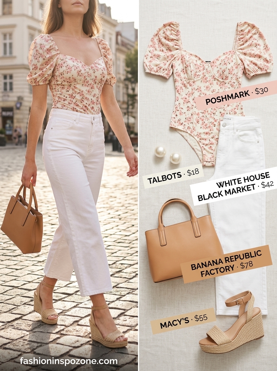 Brunch Summer Bodysuit & Jeans Outfits 2026 Floral puff sleeve bodysuit with white wide leg jeans, espadrille wedges, and tan bag for summer outfits 2026.