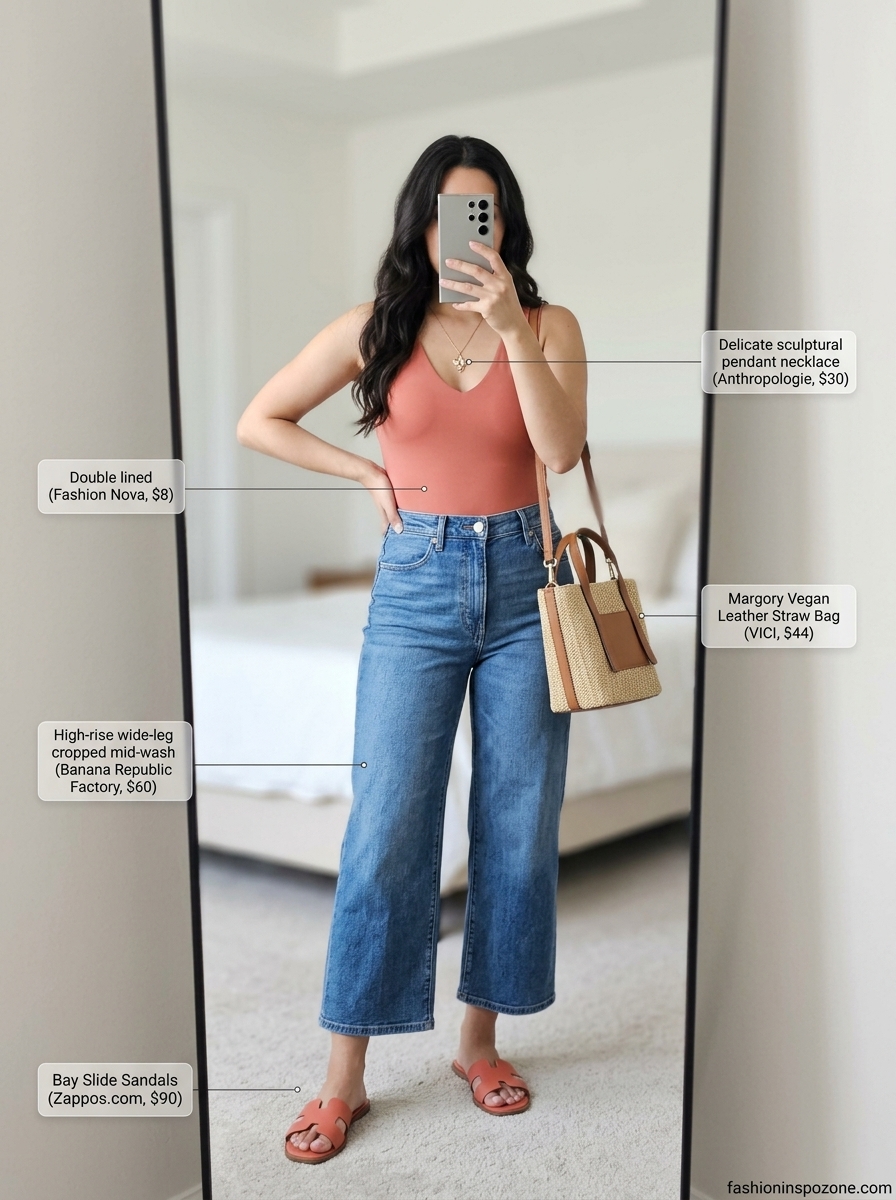 Minimalist Summer Bodysuit & Jeans Outfits 2026 Navy V-neck bodysuit with cream wide leg jeans, coral sandals, and straw top-handle bag for summer outfits 2026.