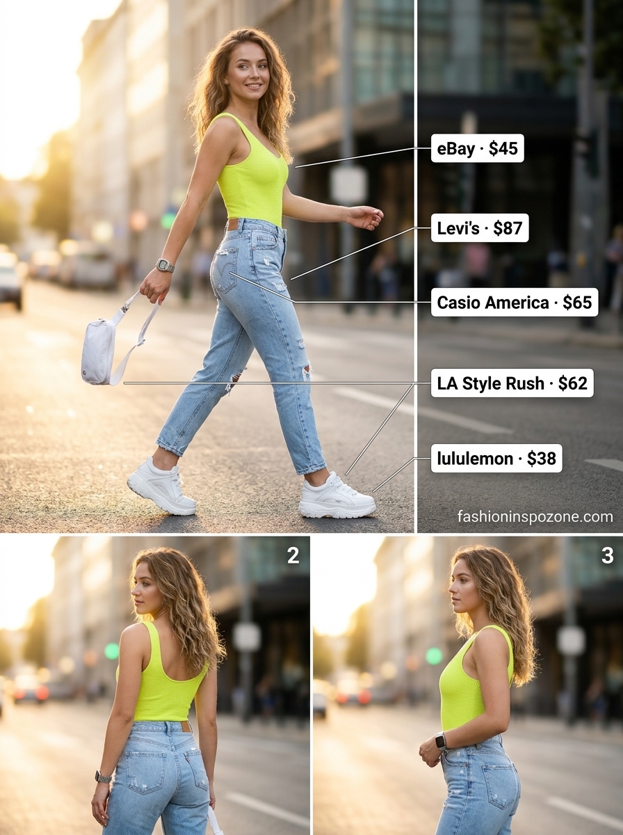 Bold Summer Bodysuit & Jeans Outfits 2026 Neon green racerback bodysuit with light blue mom jeans and white sneakers for a bold summer street style 2026.