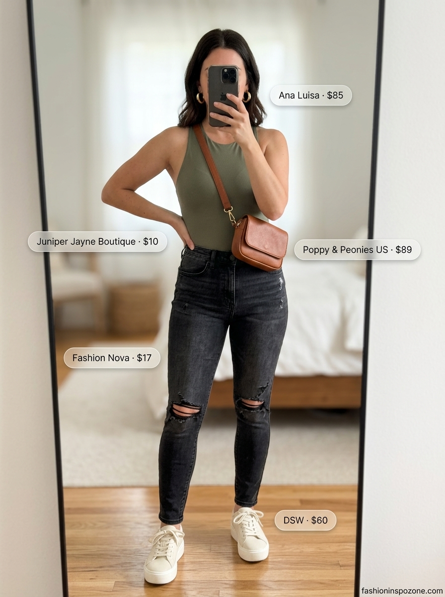 Athleisure Summer Bodysuit & Jeans Outfits 2026 Olive green athletic bodysuit with black skinny jeans, cognac belt bag, and gold hoops for summer outfits 2026.