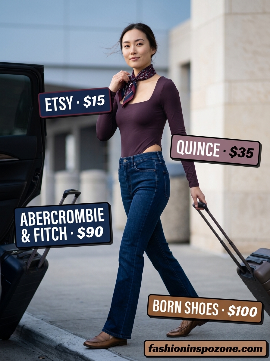 Travel Summer Bodysuit & Jeans Outfits 2026 Deep plum ribbed bodysuit with dark wash bootcut jeans, bronze loafers, and plum scarf for summer outfits 2026.